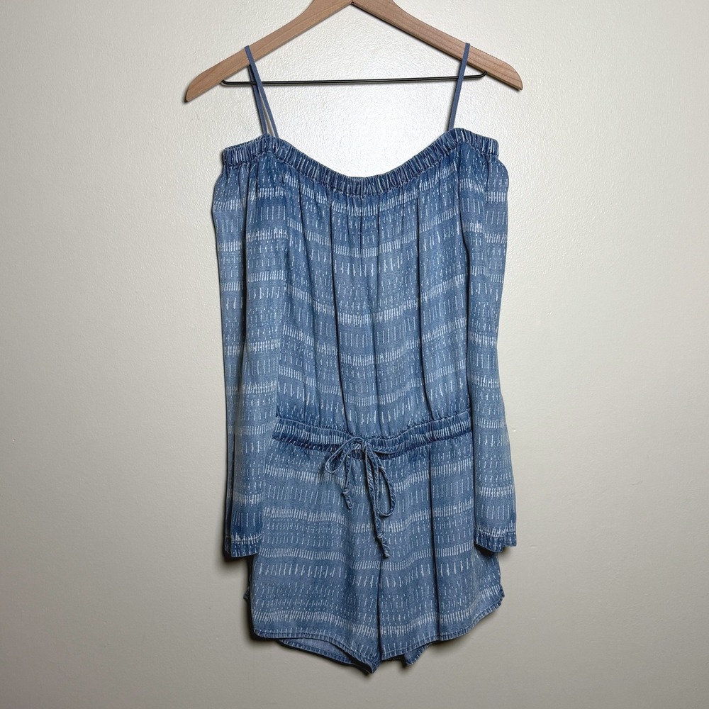 Cloth & Stone Blue Ikat Stripe Off-Shoulder Tencel Romper XS Brunch Summer